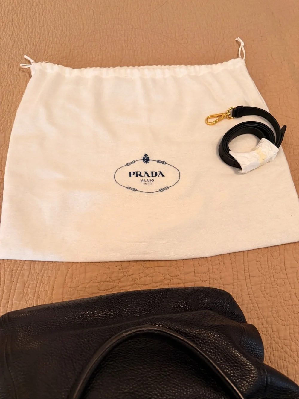 Prada Daino Side Pocket Black Pebbled Leather Tote with Gold Logo